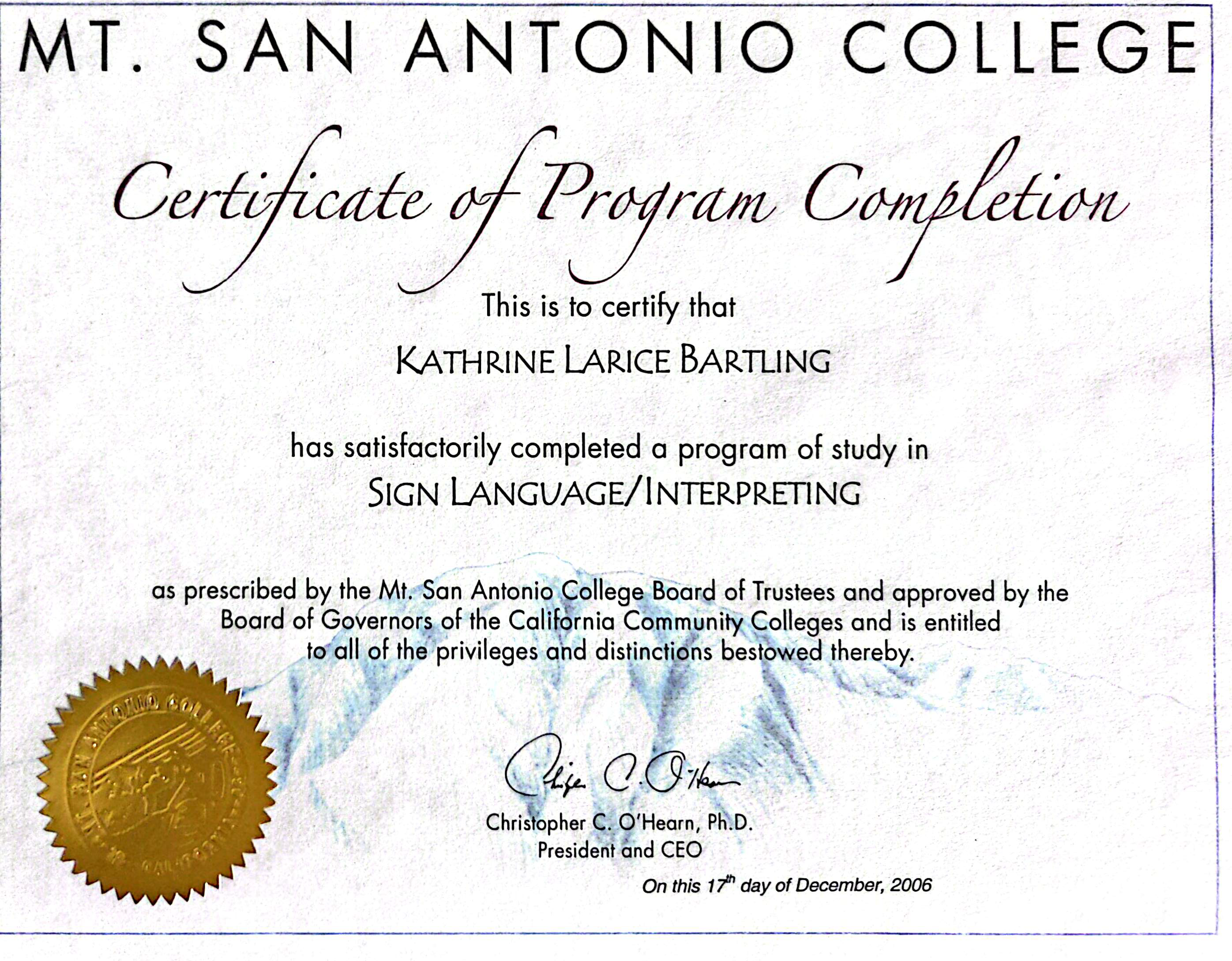 Mt Sac Certificate